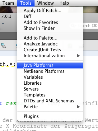 Auswahl von Tools->Java Platforms